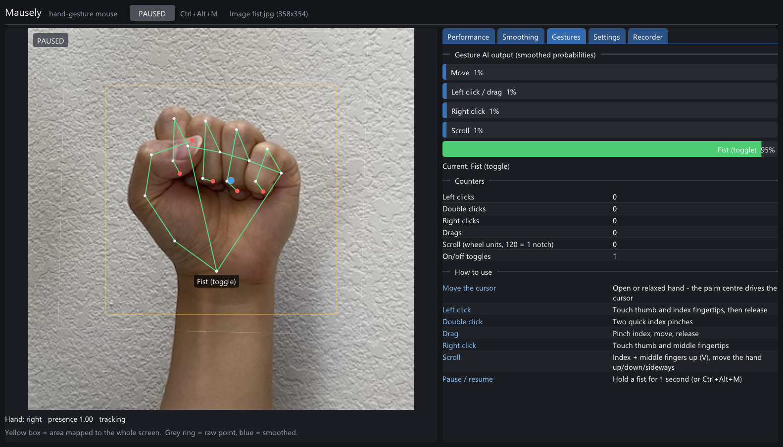 Gesture AI recognising a fist with 95 percent confidence