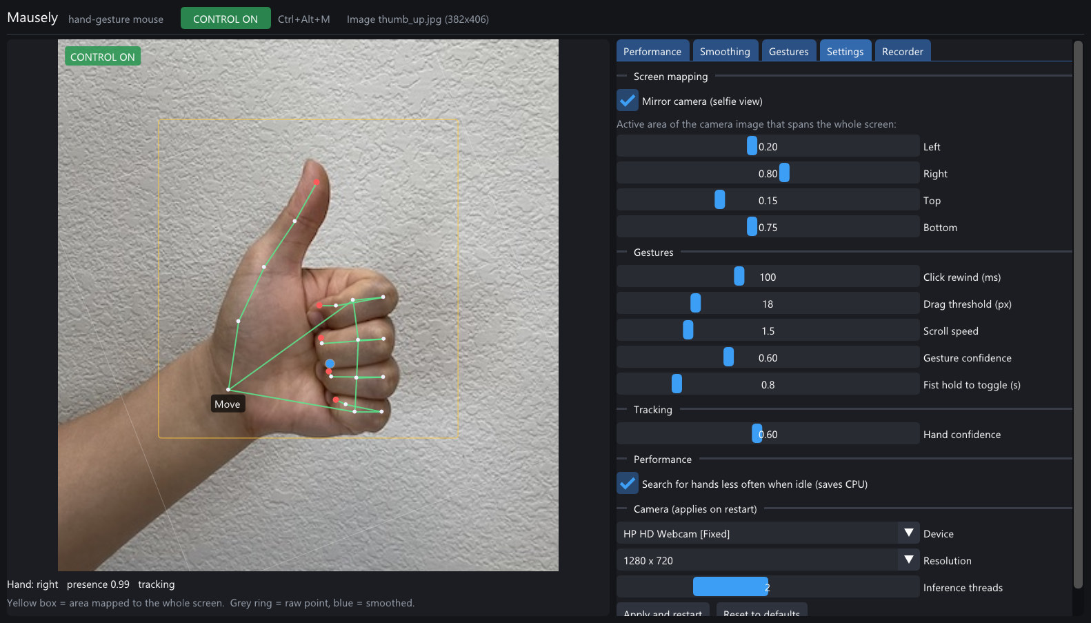 Mausely settings: active area, click timing, scroll speed and camera