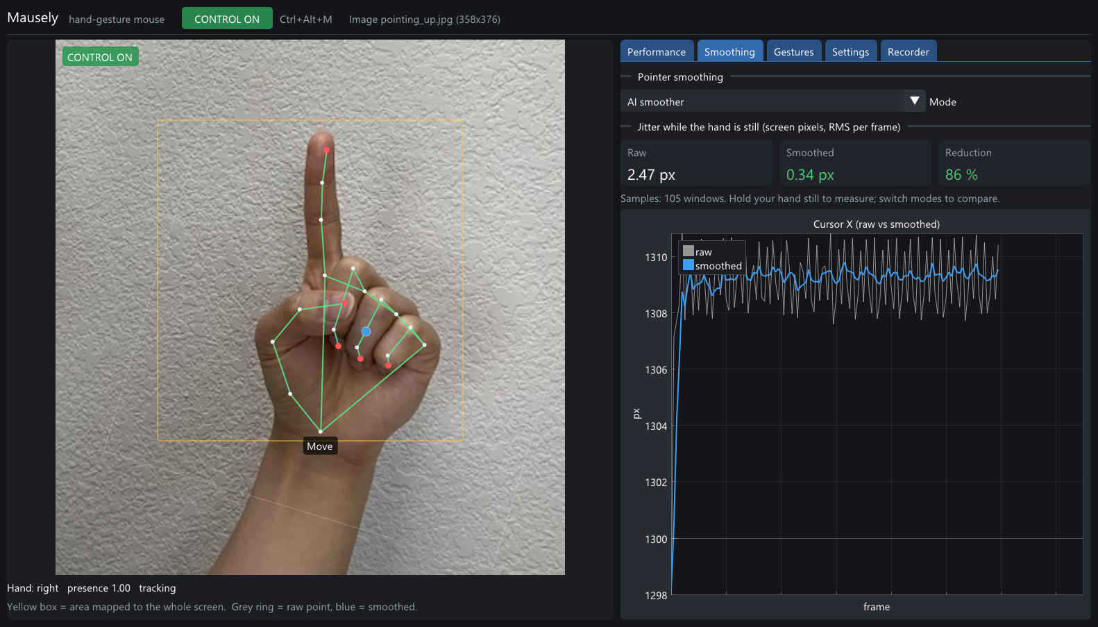 Cursor jitter reduced by 86 percent with the AI smoother